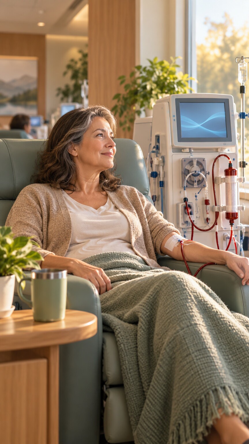 Calm clinical scene of a patient receiving dialysis treatment in a comfortable treatment chair with monitoring equipment nearby