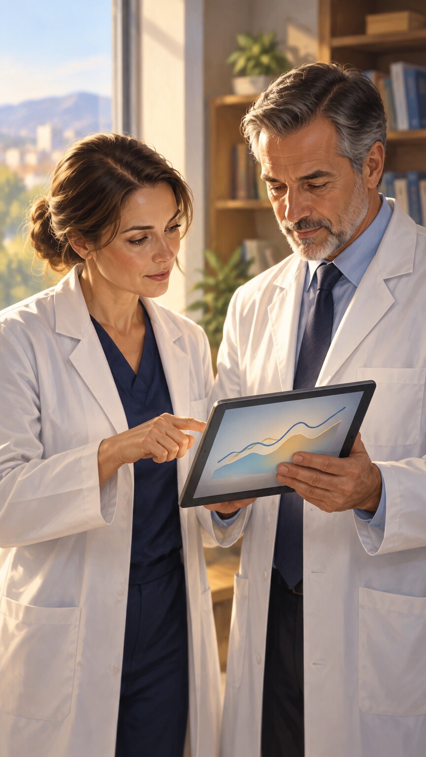 Two clinicians reviewing a patient's lab chart together on a tablet, representing coordinated cardiology and nephrology care
