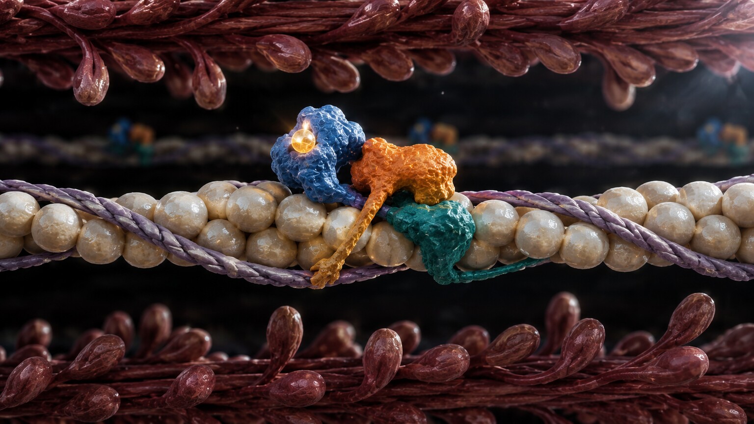 Scientific illustration of the troponin complex — troponin C, I, and T — attached to the actin thin filament of a heart muscle sarcomere