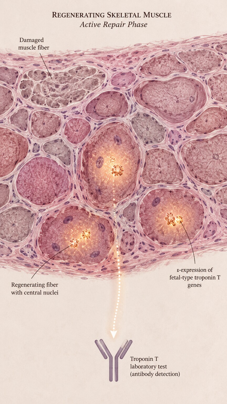 Scientific cross-section illustration of regenerating skeletal muscle fibers re-expressing a fetal troponin T isoform