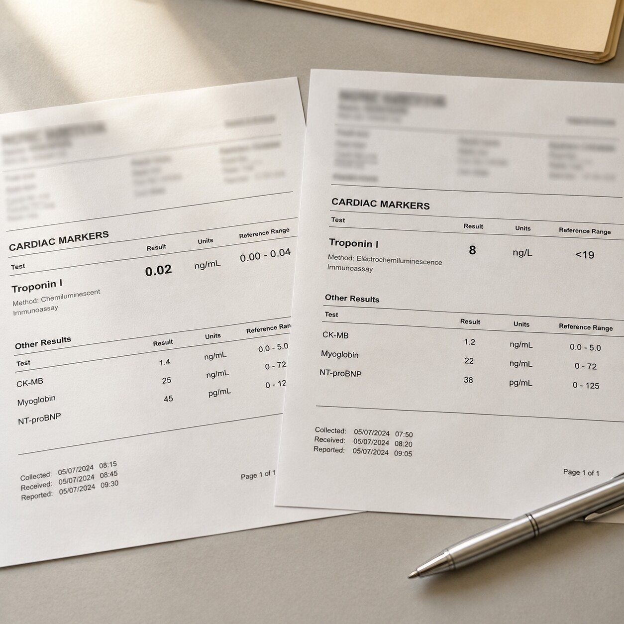 Two printed hospital lab reports placed side by side showing different troponin reference ranges from different testing platforms