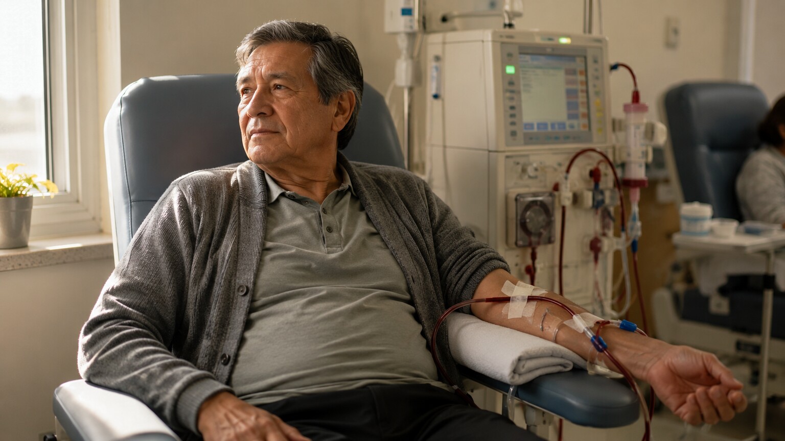 Person seated in a dialysis treatment chair during hemodialysis, with their forearm resting on a pillow near the treatment machine
