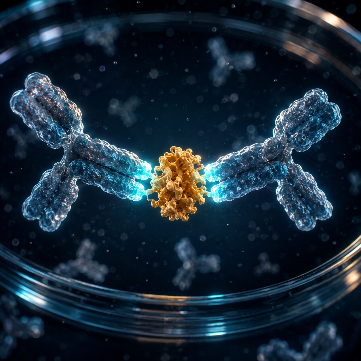 Scientific illustration of antibody molecules capturing a single troponin protein in a high-sensitivity immunoassay reaction well