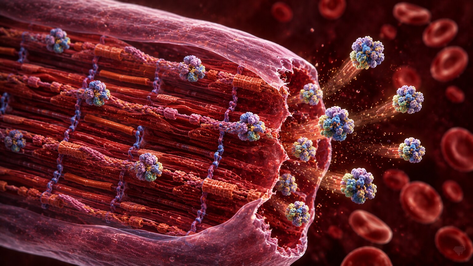 Scientific illustration of a stressed cardiac muscle cell membrane releasing troponin protein molecules into the bloodstream