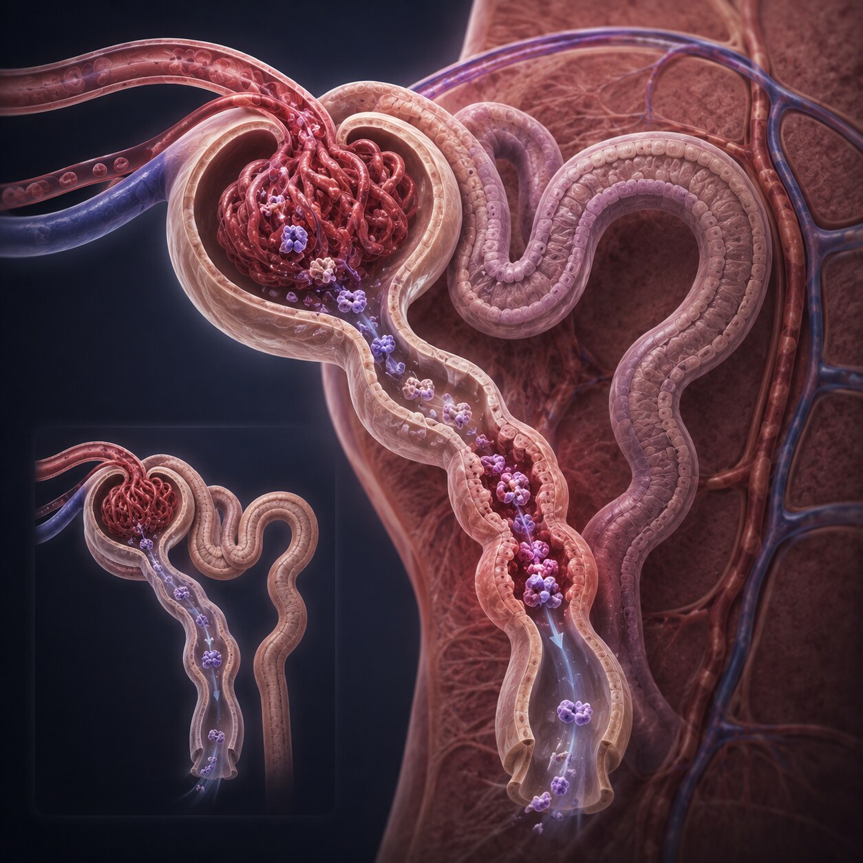 Scientific illustration of a kidney nephron struggling to filter and clear troponin protein fragments from the blood
