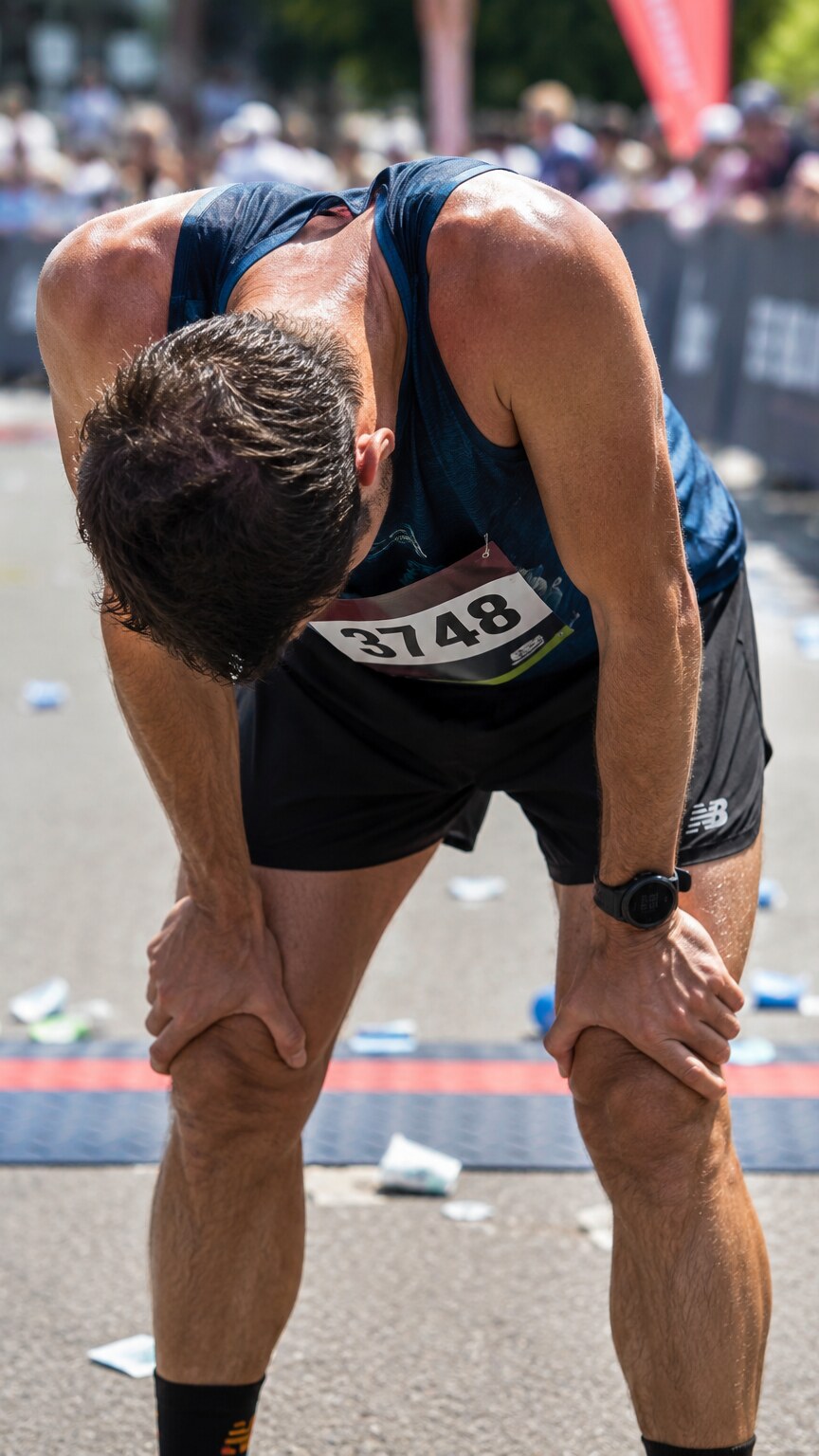 Exhausted marathon runner bent over with hands on knees just past the finish line, catching their breath