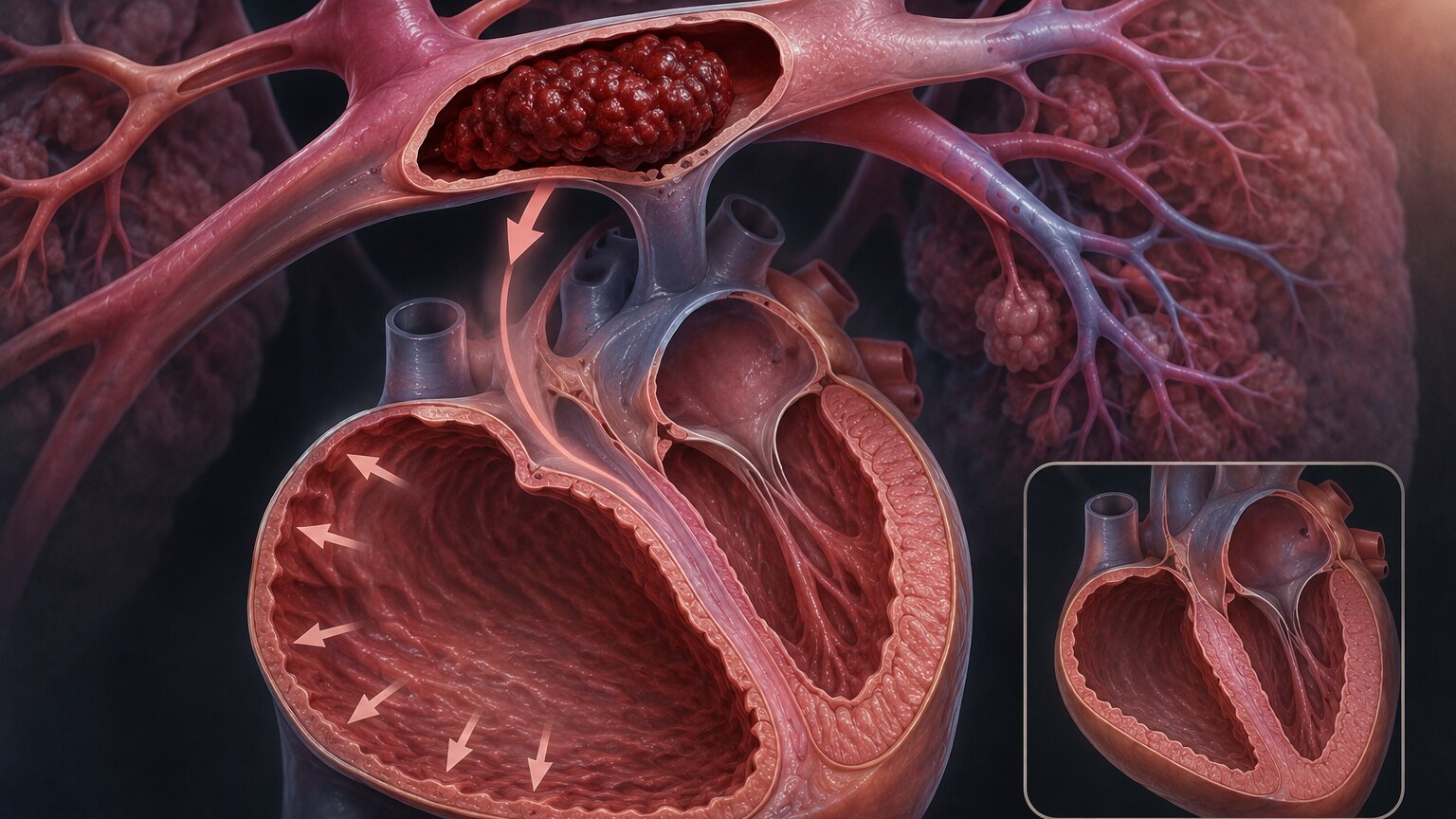 Scientific illustration of a blood clot lodged in a pulmonary artery causing visible strain on the right side of the heart