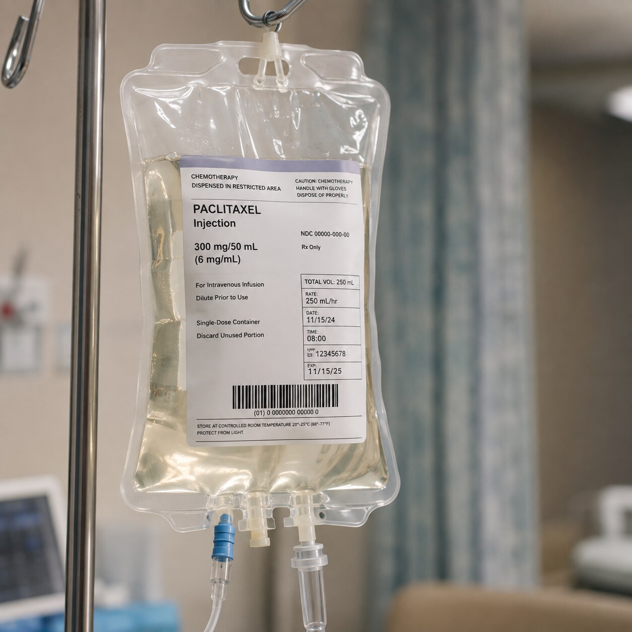 Close-up of a chemotherapy infusion bag and IV line connected to a patient's port during cancer treatment