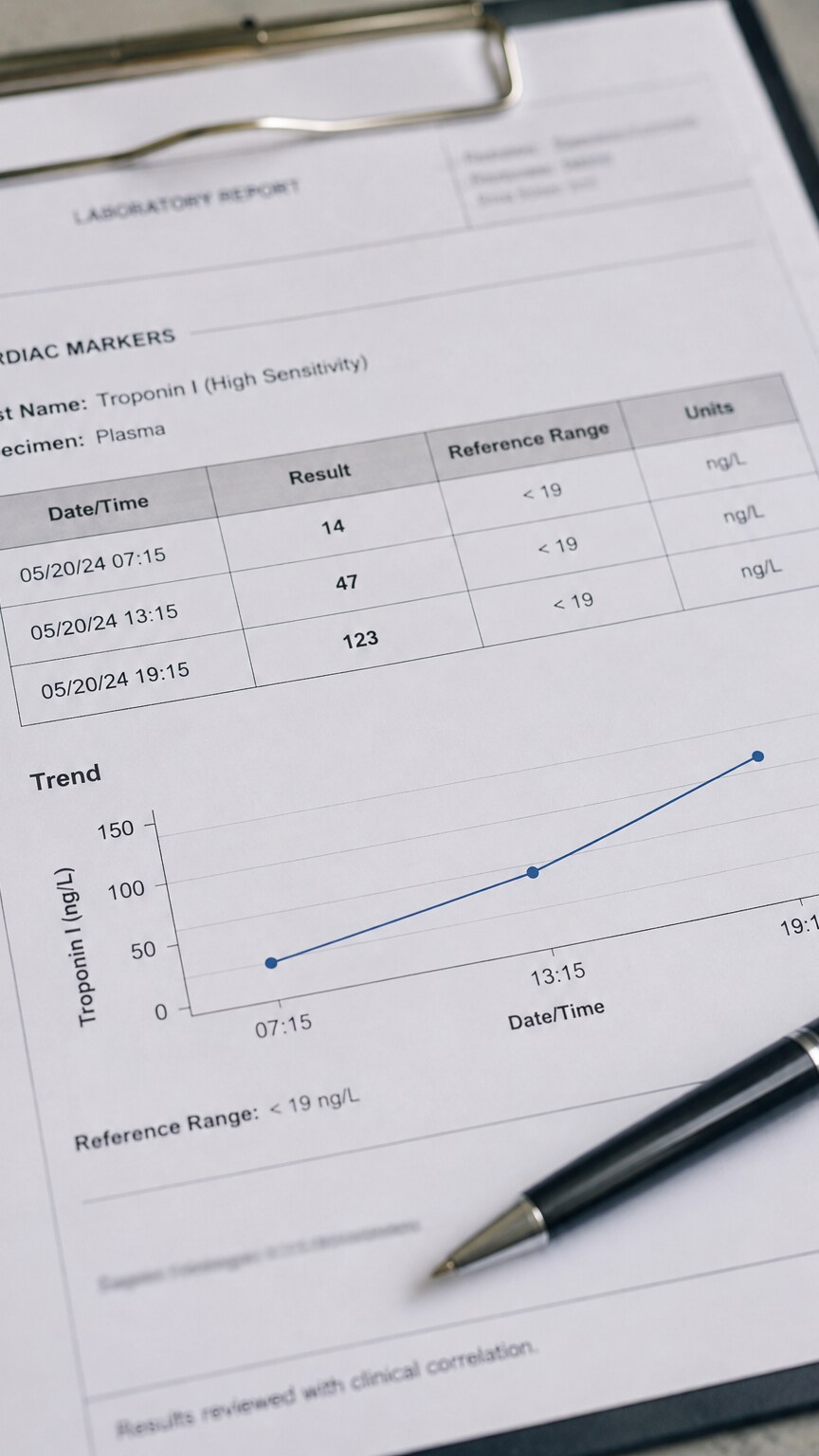Printed lab report showing a series of troponin measurements plotted over several hours to track a rising or falling trend