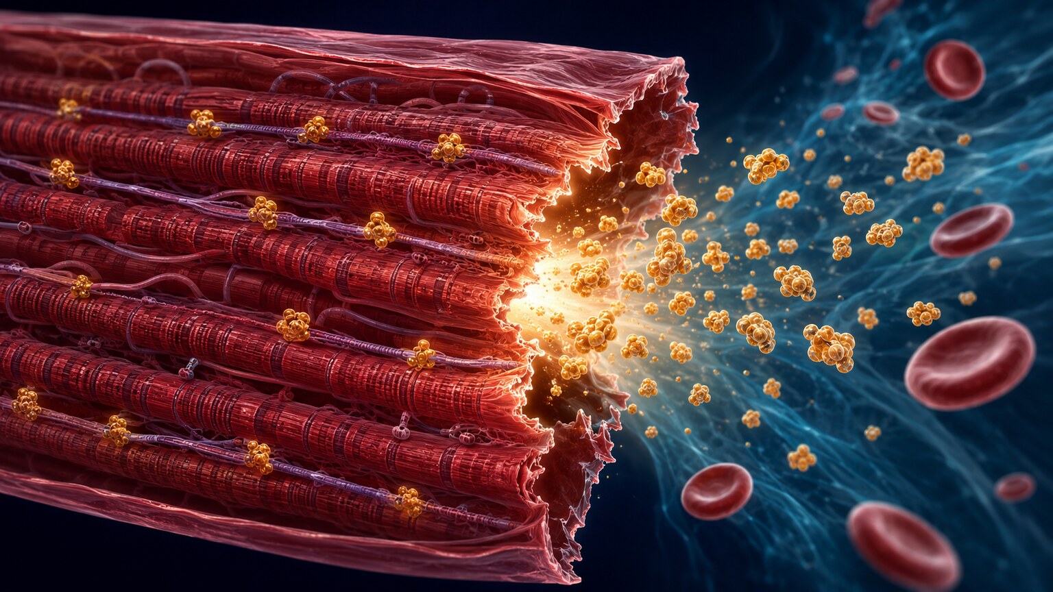 Scientific illustration of a damaged heart muscle cell releasing troponin protein molecules into the bloodstream