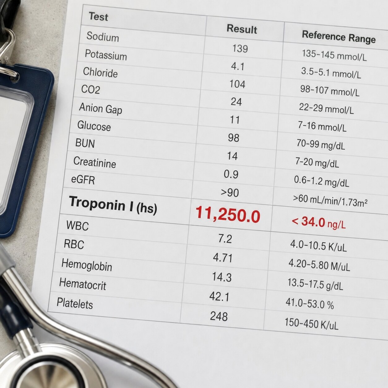 Close-up of a hospital lab report showing a troponin result far above the reference range, printed in bold red text
