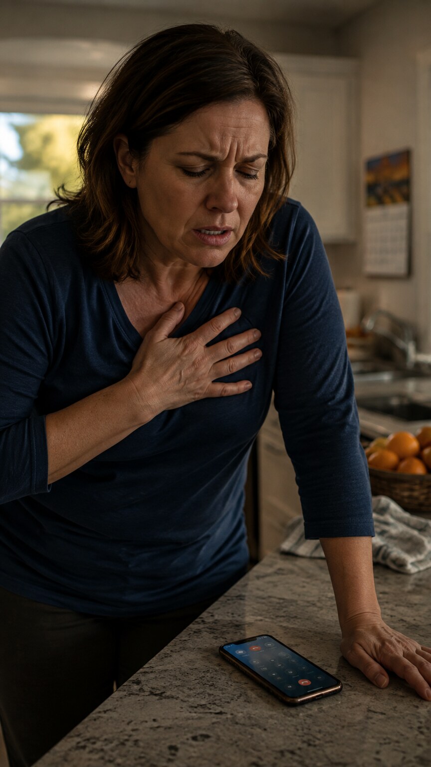 Person clutching their chest with one hand while dialing emergency services on a phone with the other
