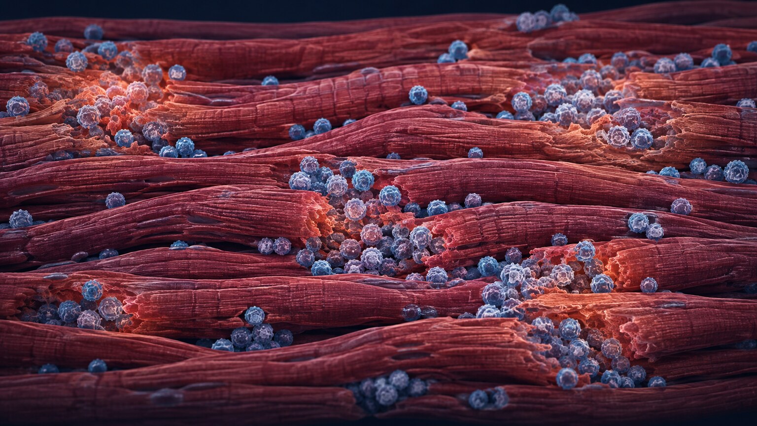 Scientific illustration of immune cells infiltrating and damaging inflamed heart muscle tissue during myocarditis