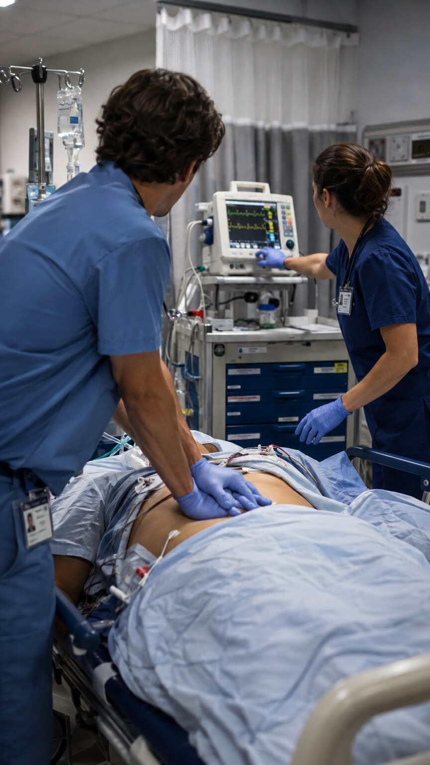 Emergency medical team performing resuscitation on a patient in a hospital setting after cardiac arrest
