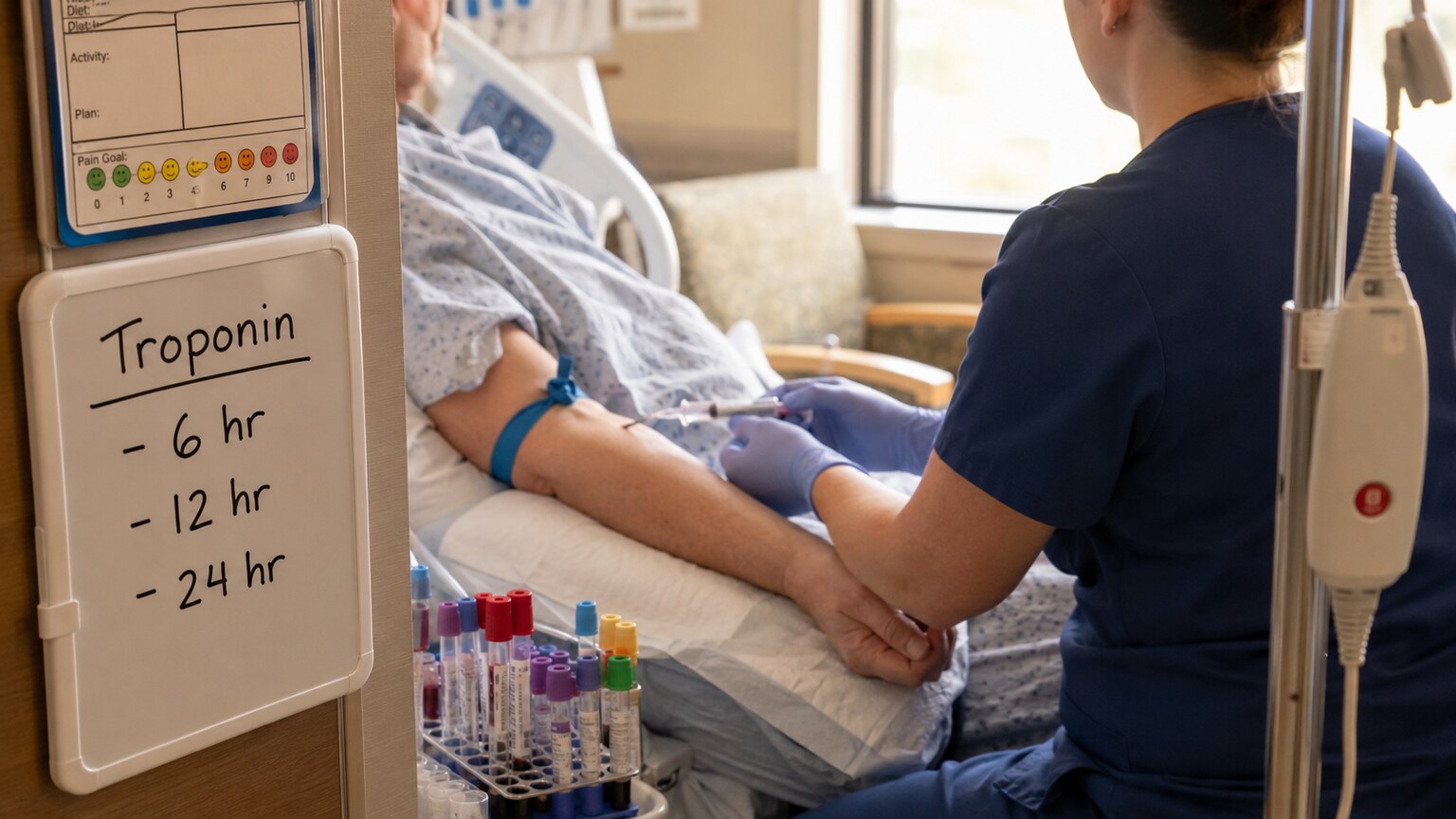 Nurse drawing a labeled blood sample from a hospitalized patient for a repeat serial troponin measurement