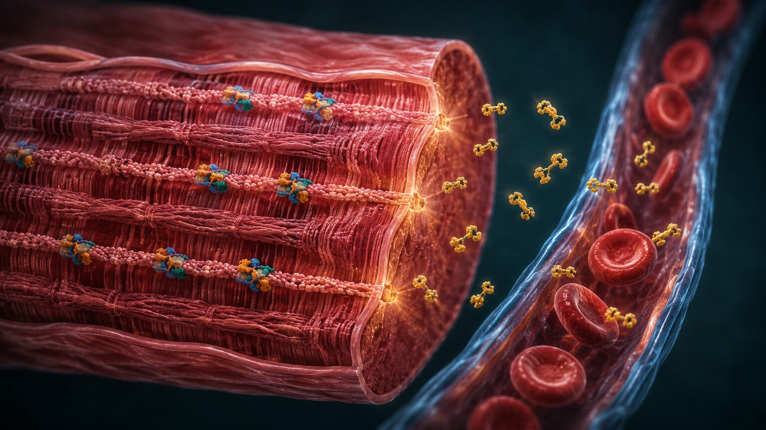 Scientific illustration of a cardiac muscle cell releasing troponin protein through its membrane into a nearby blood capillary