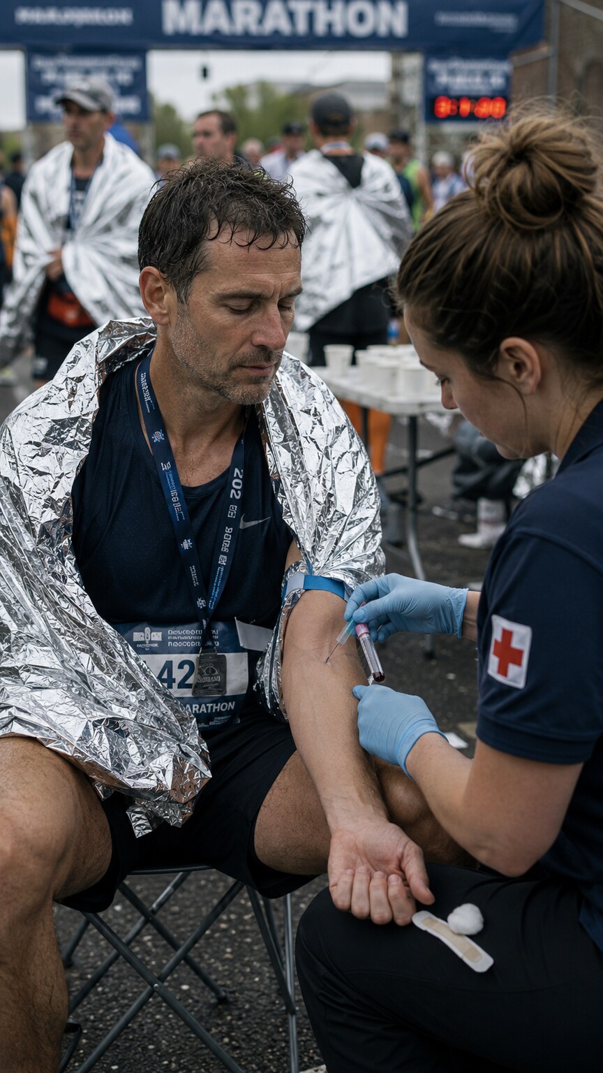 Exhausted marathon runner wrapped in a foil blanket having blood drawn from their arm just after crossing the finish line