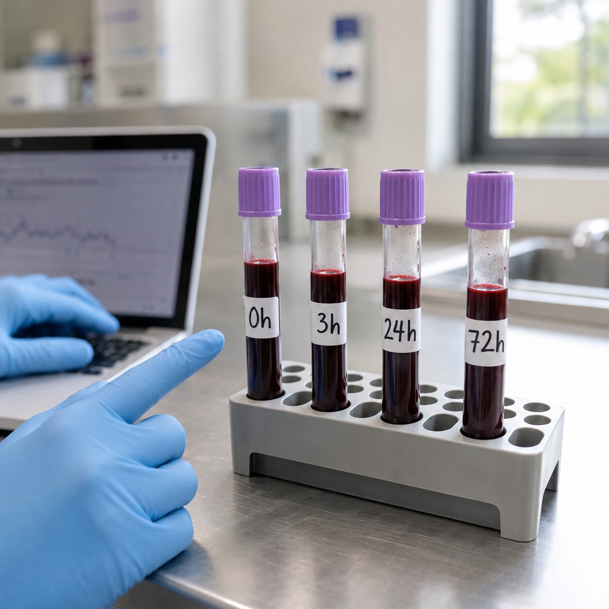 Row of labeled blood collection tubes representing serial troponin draws taken at 0, 3, 24, and 72 hours after a race