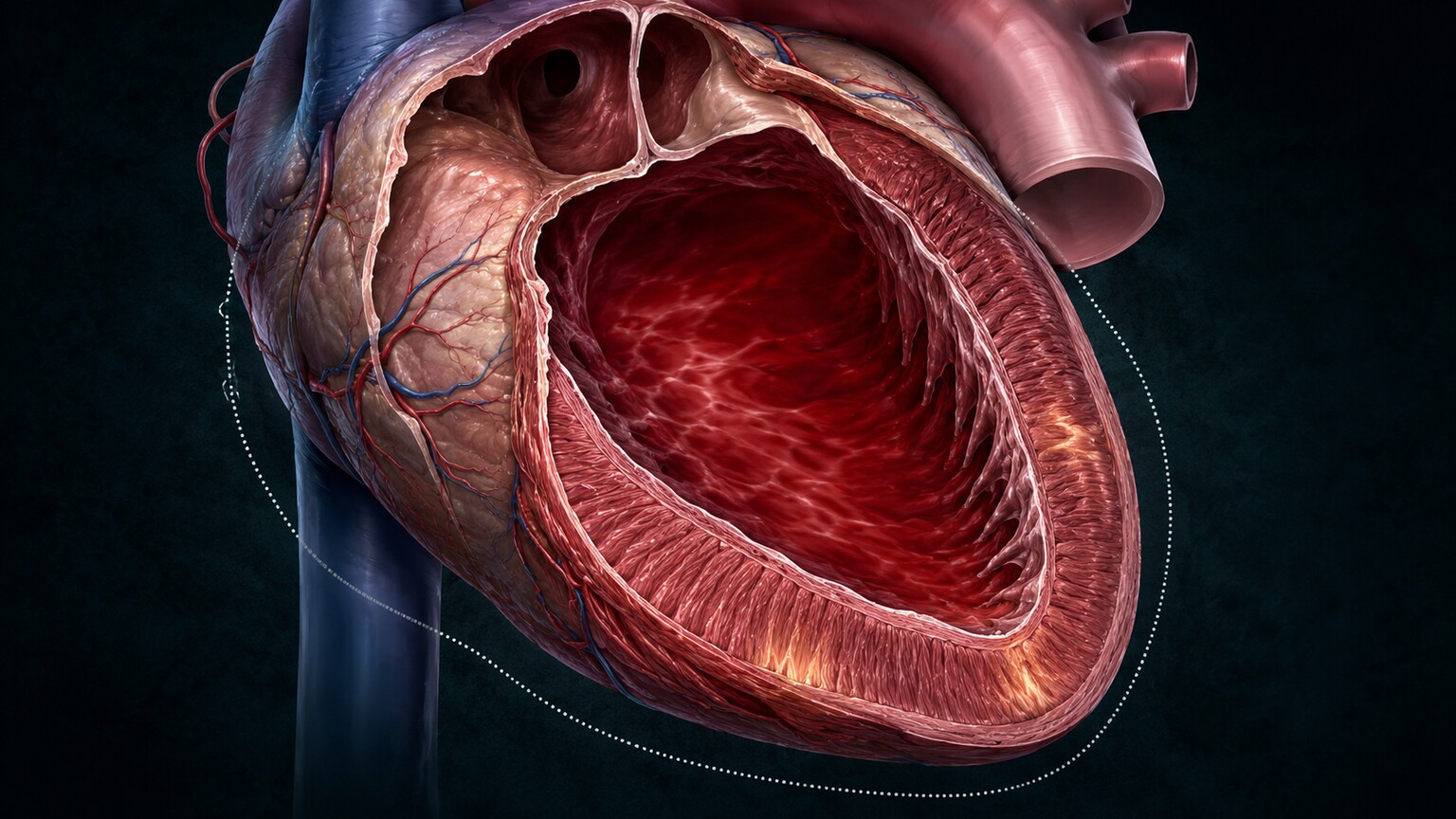 Cross-section illustration of the heart's right ventricle wall stretching under increased blood volume during sustained endurance exercise