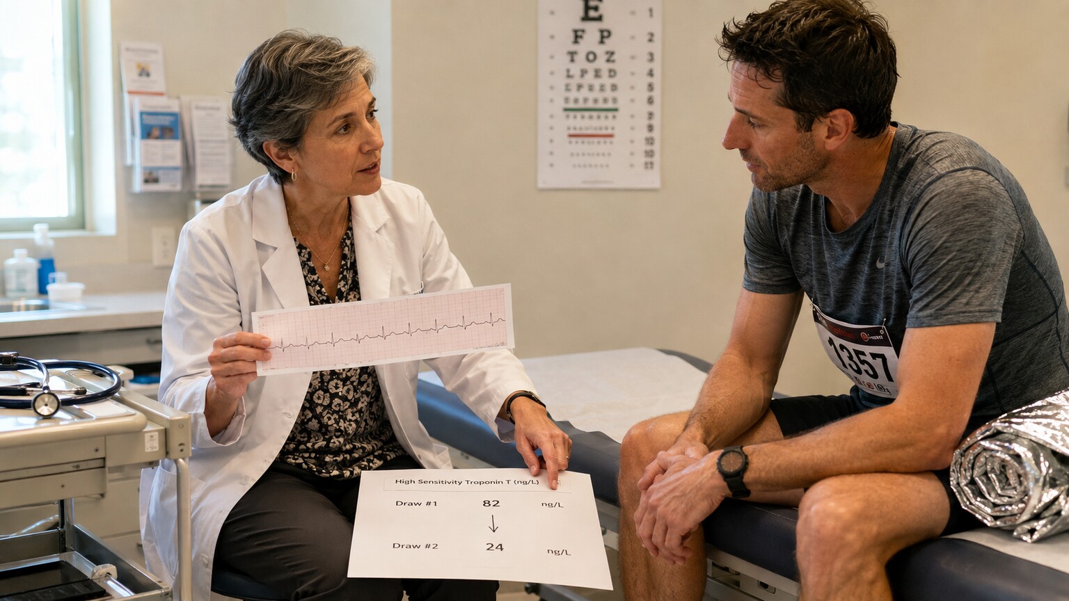 Cardiologist reviewing a printed ECG strip alongside two sequential troponin lab values with a patient still in running clothes seated nearby
