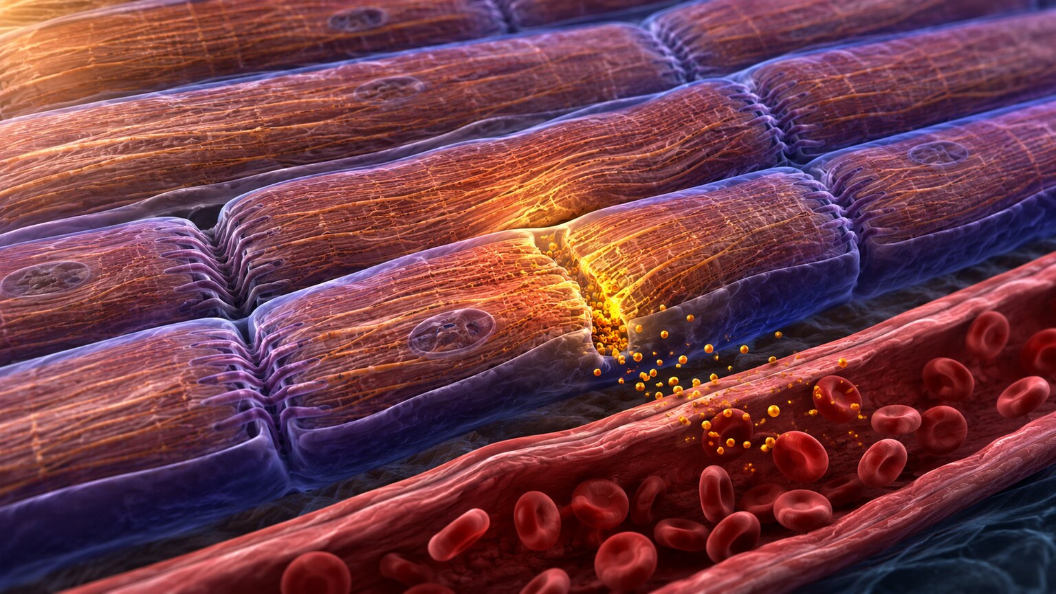 Scientific illustration of a single cardiac muscle cell releasing a small trace amount of troponin through a mildly stressed membrane