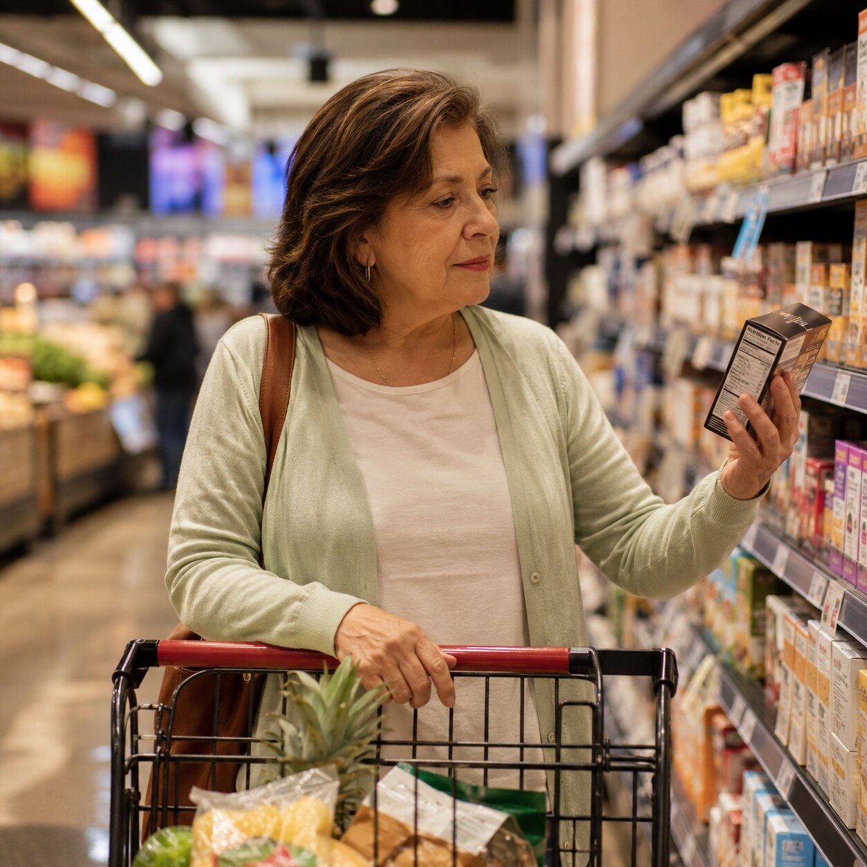 Person in their sixties calmly going about a normal grocery shopping errand, feeling completely well despite a mildly elevated lab result