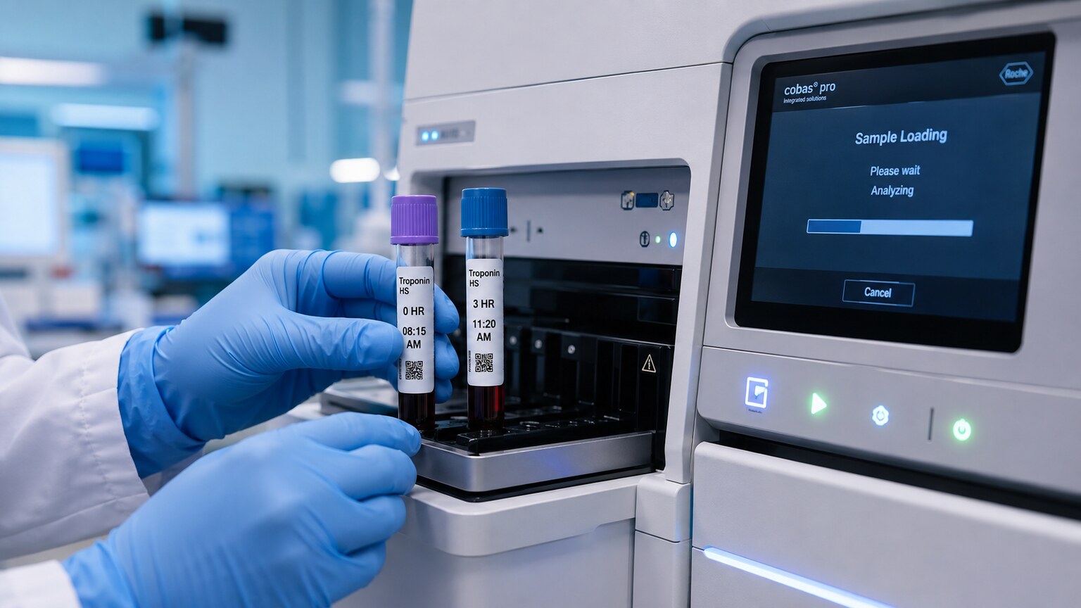 Two labeled blood sample tubes drawn hours apart being loaded into a high-sensitivity laboratory troponin analyzer for comparison