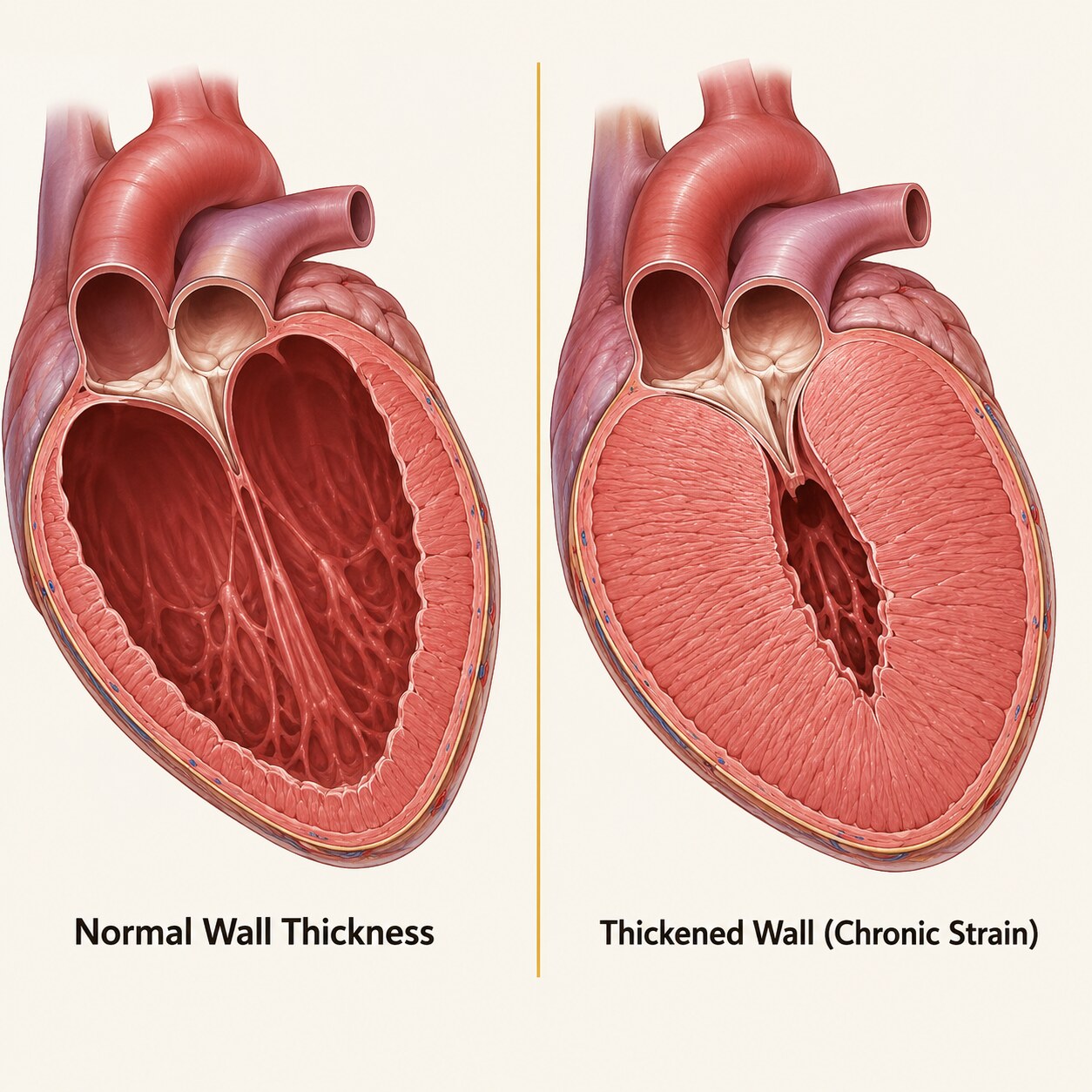 Medical illustration comparing a normal heart wall thickness to a thickened left ventricular wall from longstanding high blood pressure
