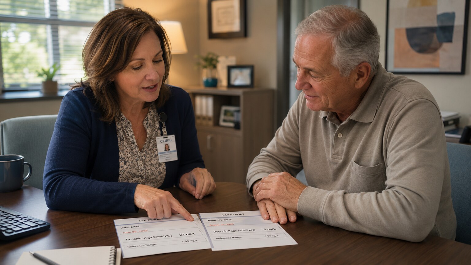 Clinician and patient sitting together calmly reviewing two dated troponin reports side by side on a clinic desk