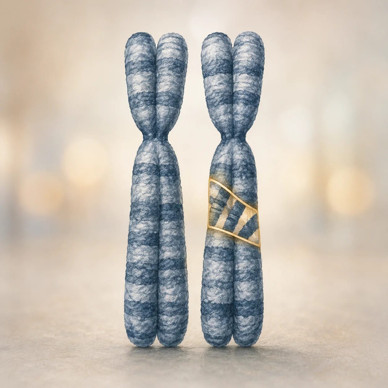 Scientific illustration of a single pair of chromosomes with a highlighted inverted segment near the center, shown against a soft laboratory background