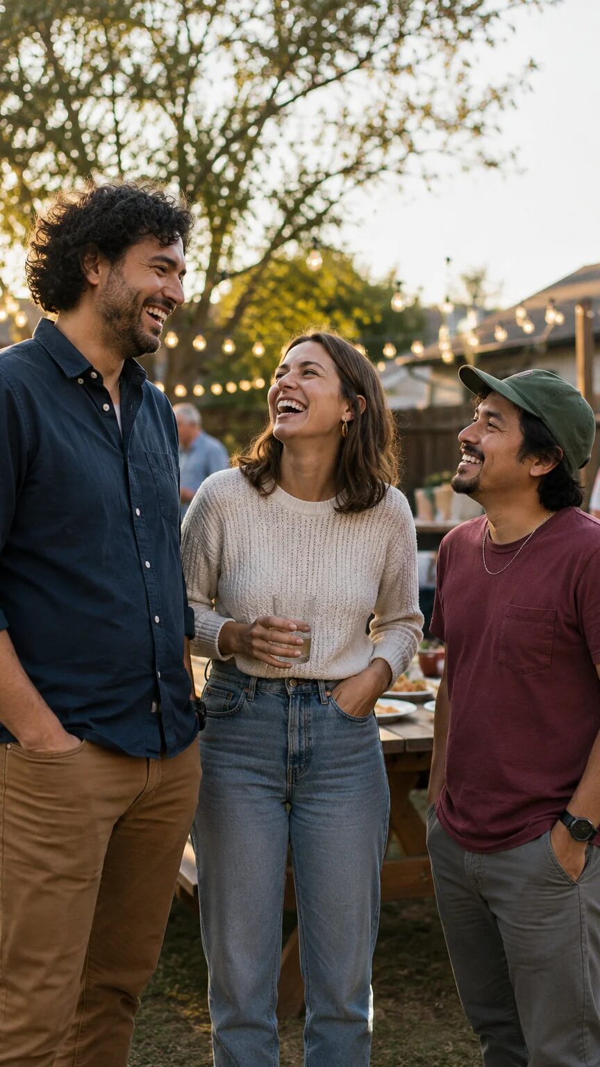Three adult siblings laughing together at an outdoor family gathering, each with subtly different builds and features