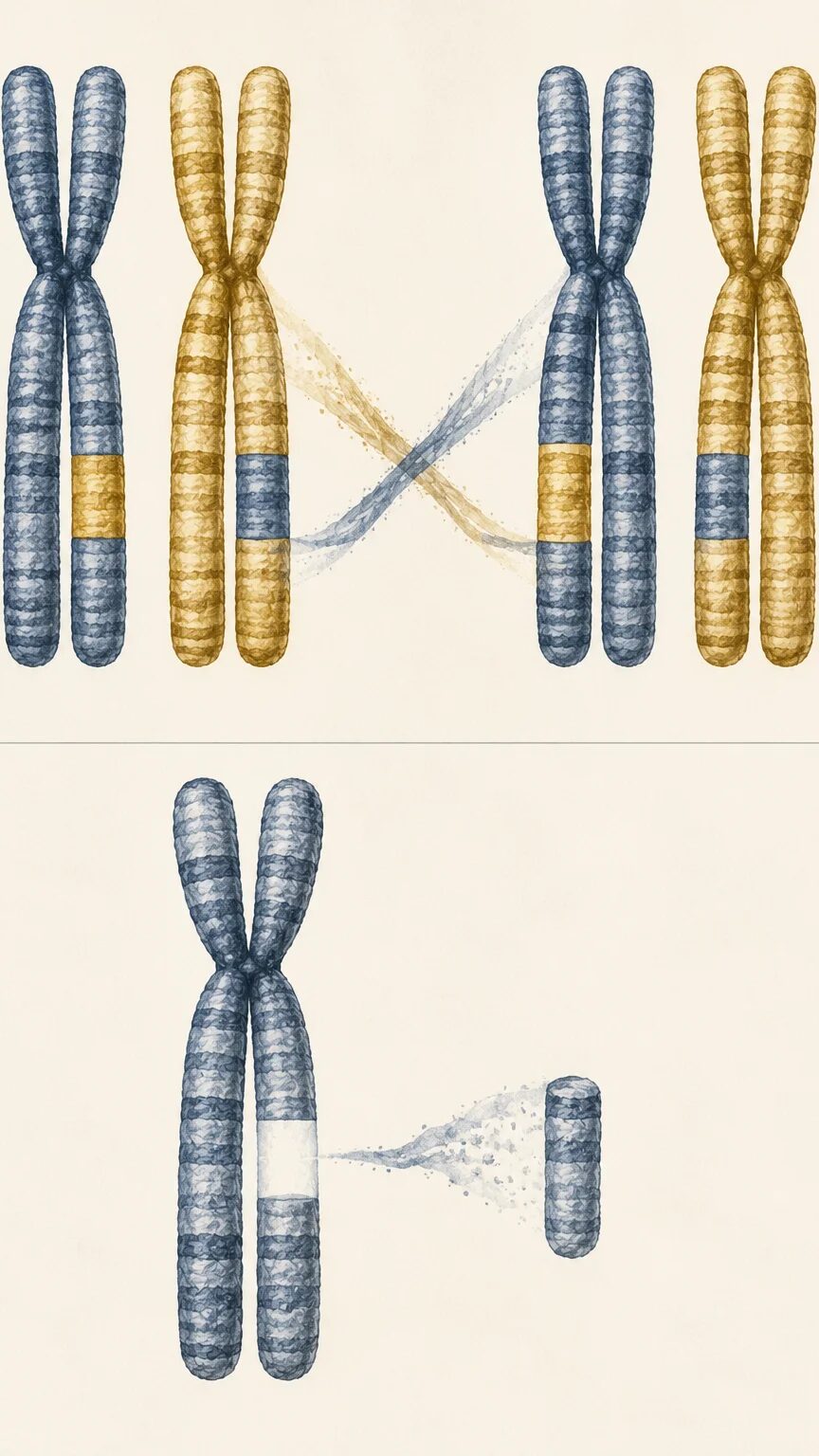 Vertical scientific diagram comparing a balanced chromosome translocation, where two segments swap evenly, against an unbalanced translocation with a missing segment