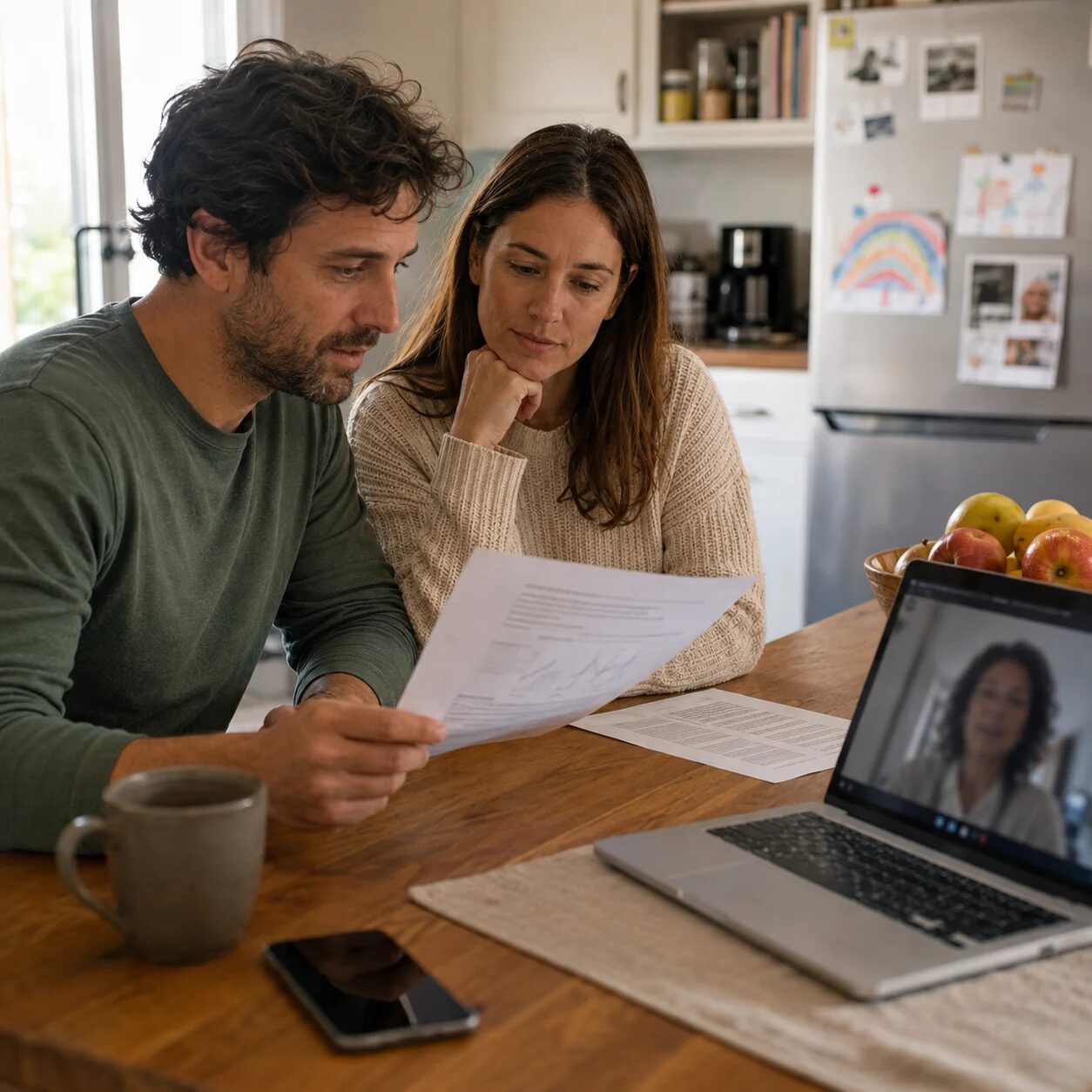 Parents sitting at a kitchen table reviewing a genetic test report together during a video call with a genetic counselor, laptop and paper documents in front of them