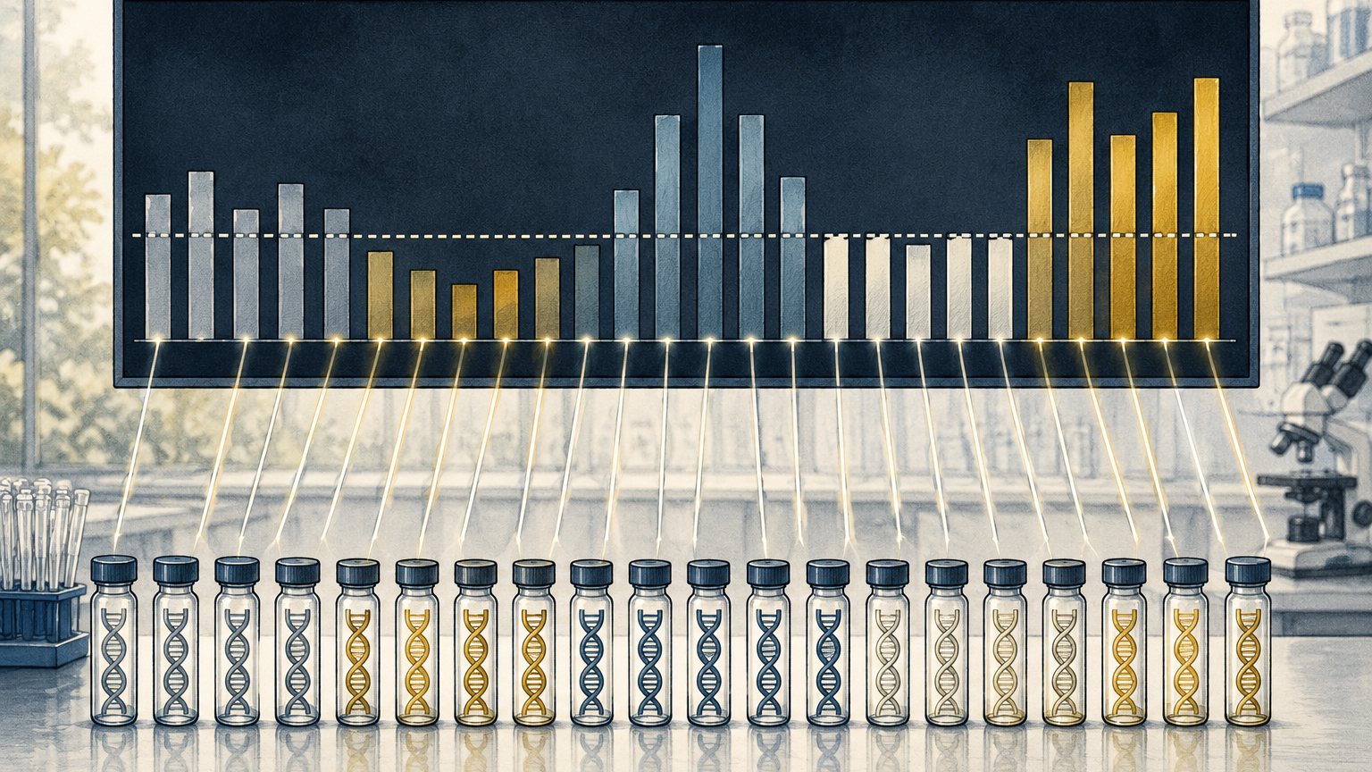 Editorial illustration of lab vials linked to a bar chart showing DNA amounts above and below a normal reference line