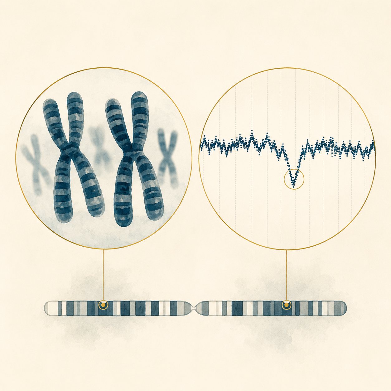 Illustration comparing a karyotype chromosome view with a microarray scan revealing a small genetic deletion