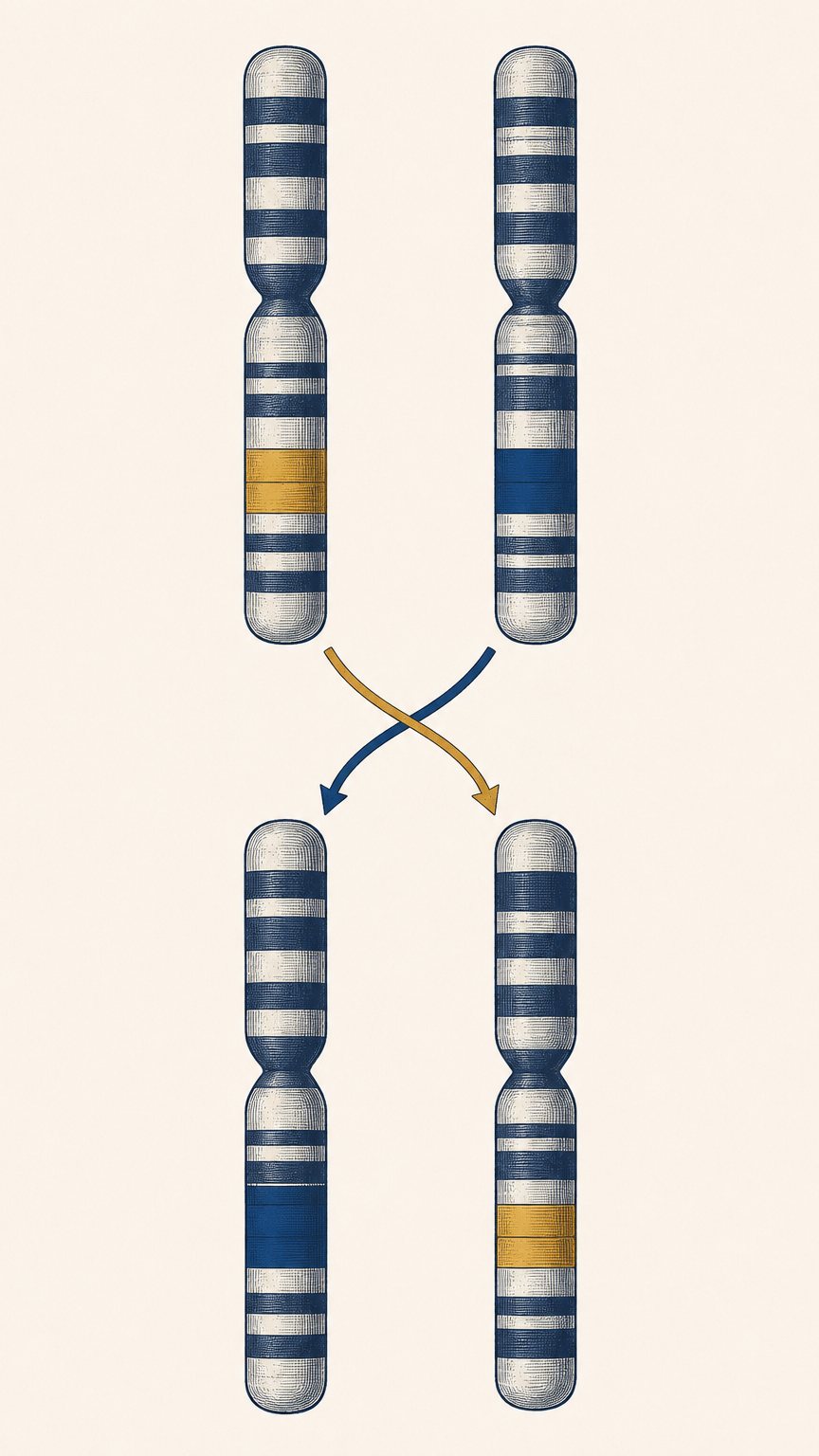 Illustration of two chromosomes exchanging matching segments in a balanced translocation with no genetic material lost
