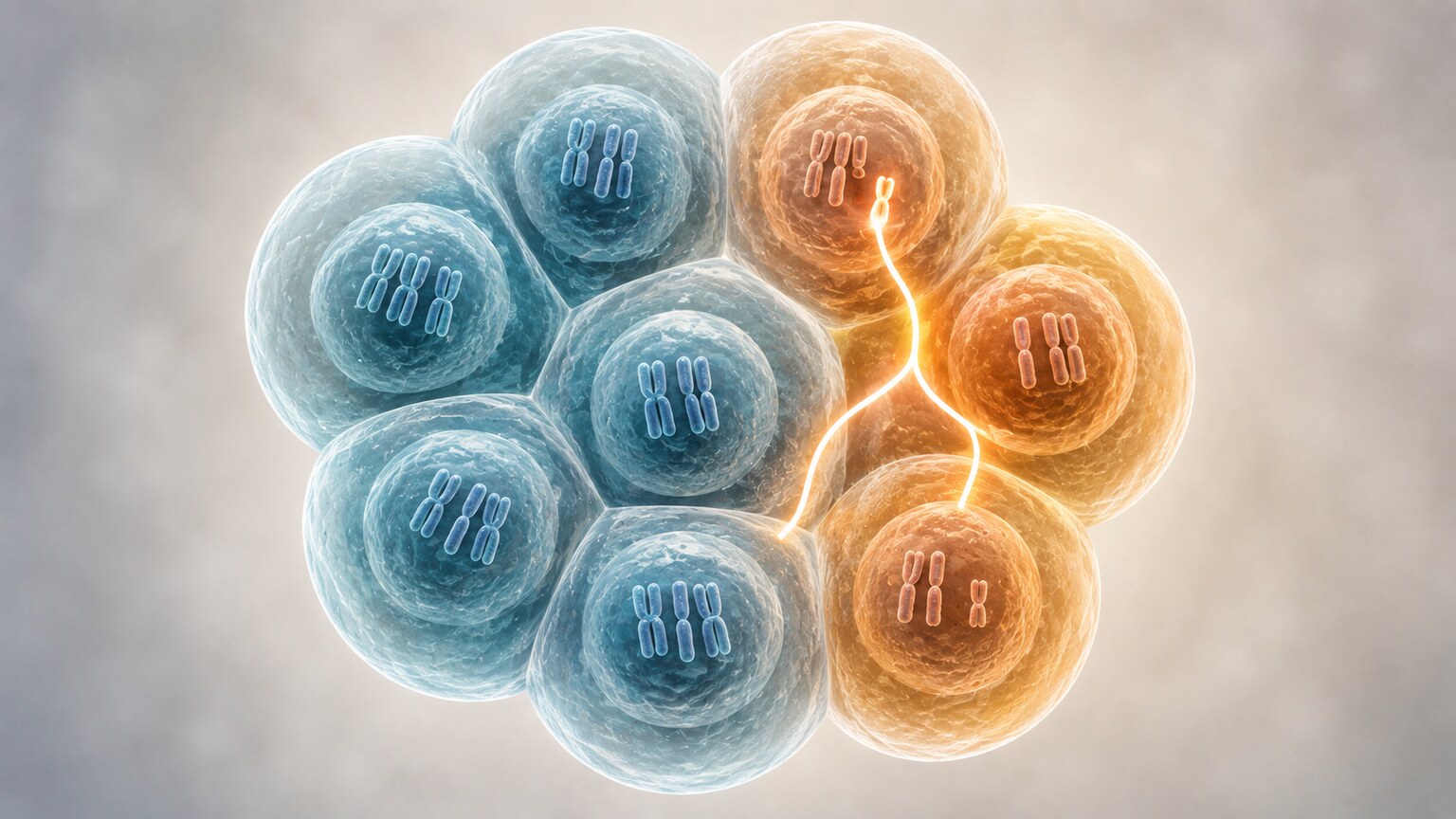 Illustration of an early embryo splitting into two genetically distinct groups of cells during cell division