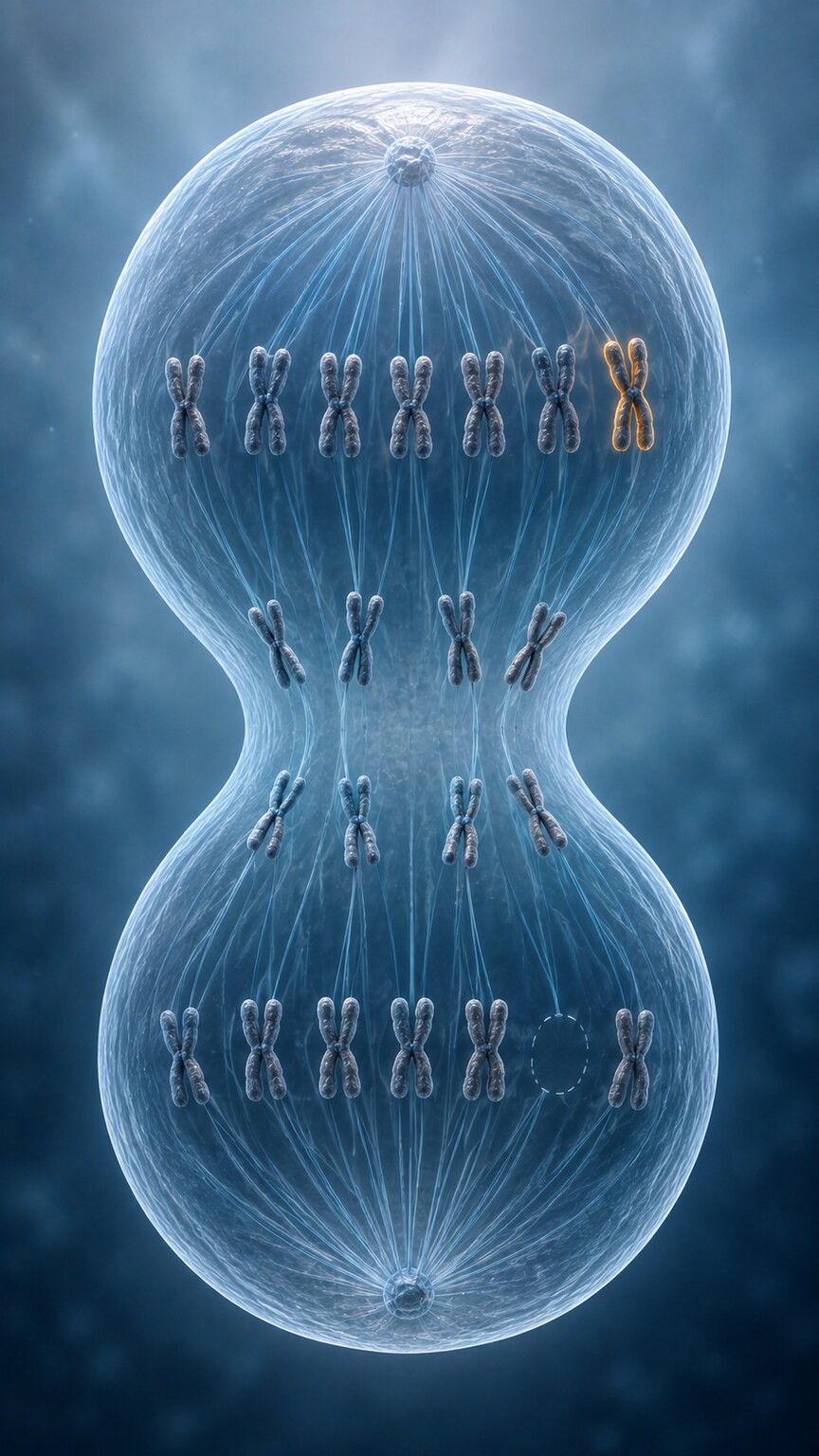 Illustration of a dividing cell producing two unequal daughter cells with different chromosome counts