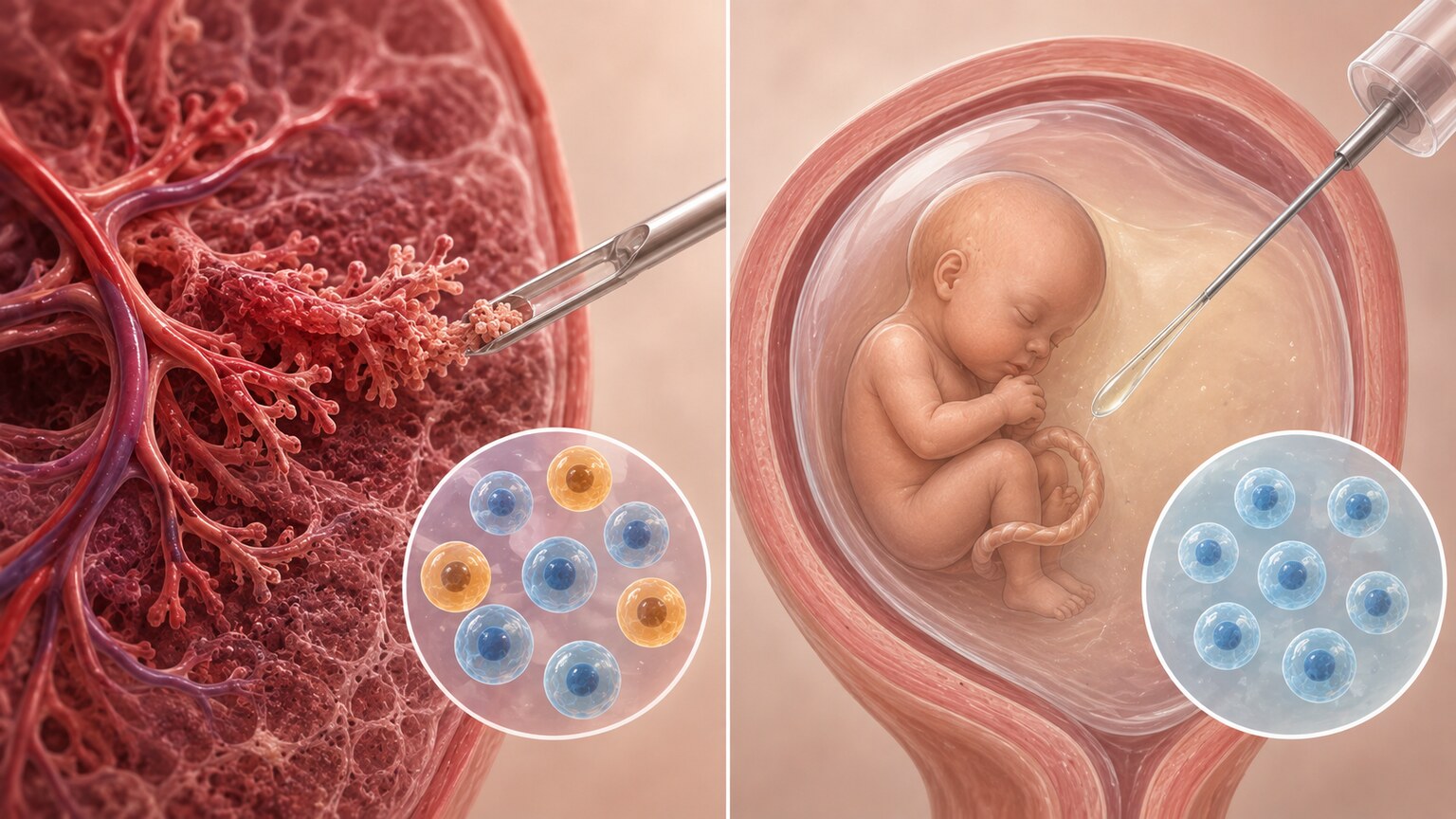 Illustration comparing a placental tissue sample and an amniotic fluid sample side by side to distinguish placental from fetal chromosome status