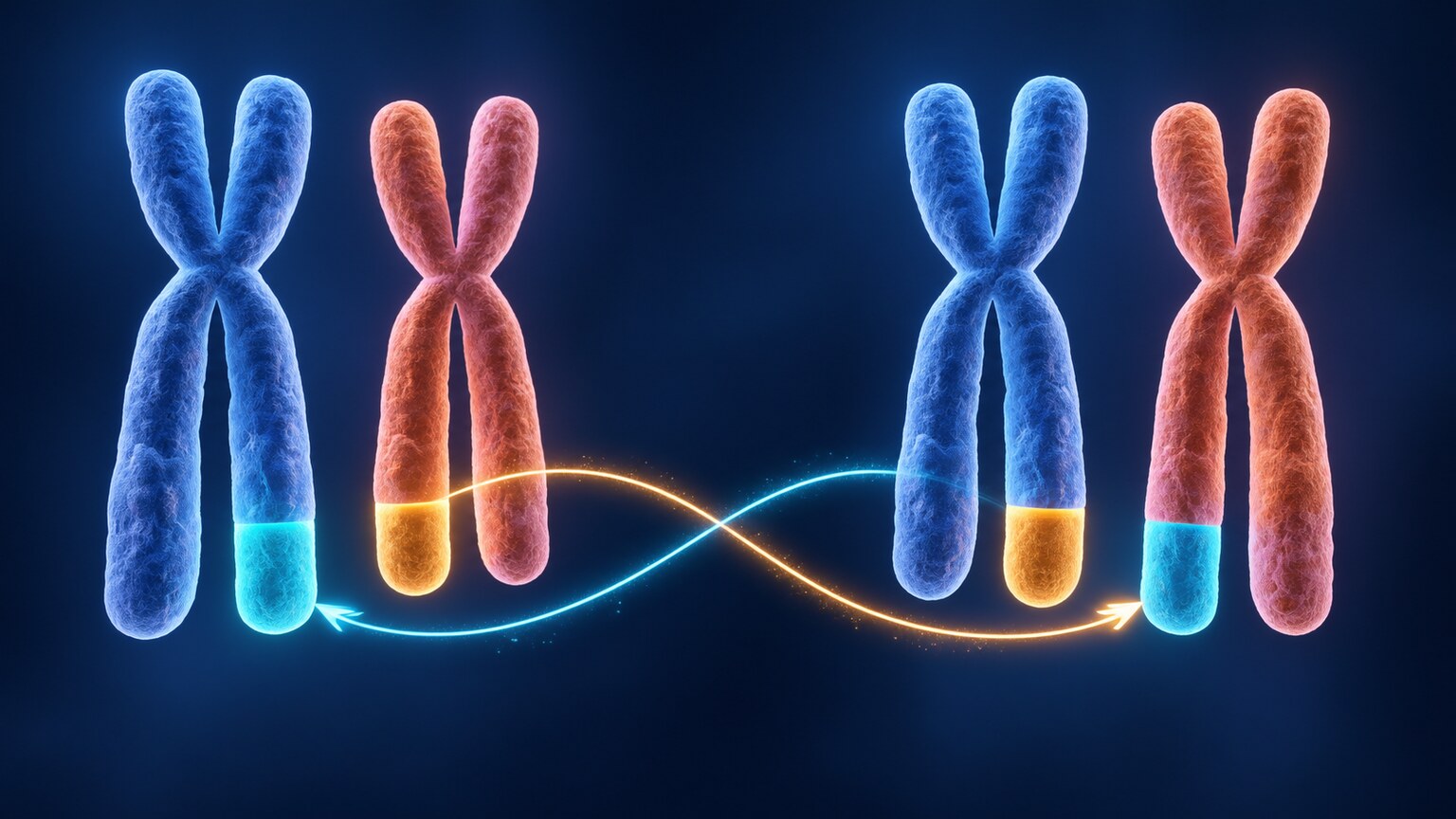 Diagram showing two chromosomes exchanging segments with no genetic material gained or lost, illustrating a balanced translocation