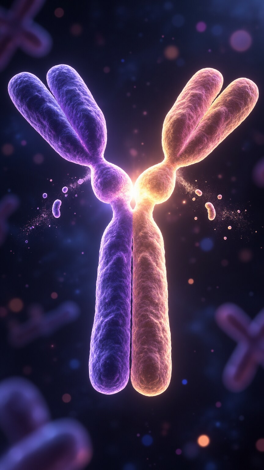 Illustration of two acrocentric chromosomes fusing together near their centromeres to form a single Robertsonian translocation chromosome