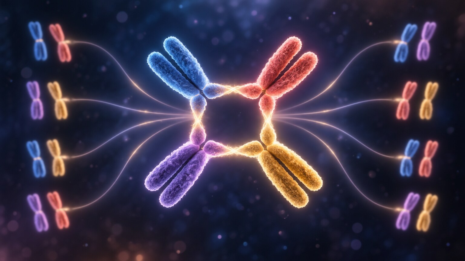 Illustration of the four-chromosome pairing structure that forms during meiosis in a translocation carrier, showing multiple possible segregation outcomes