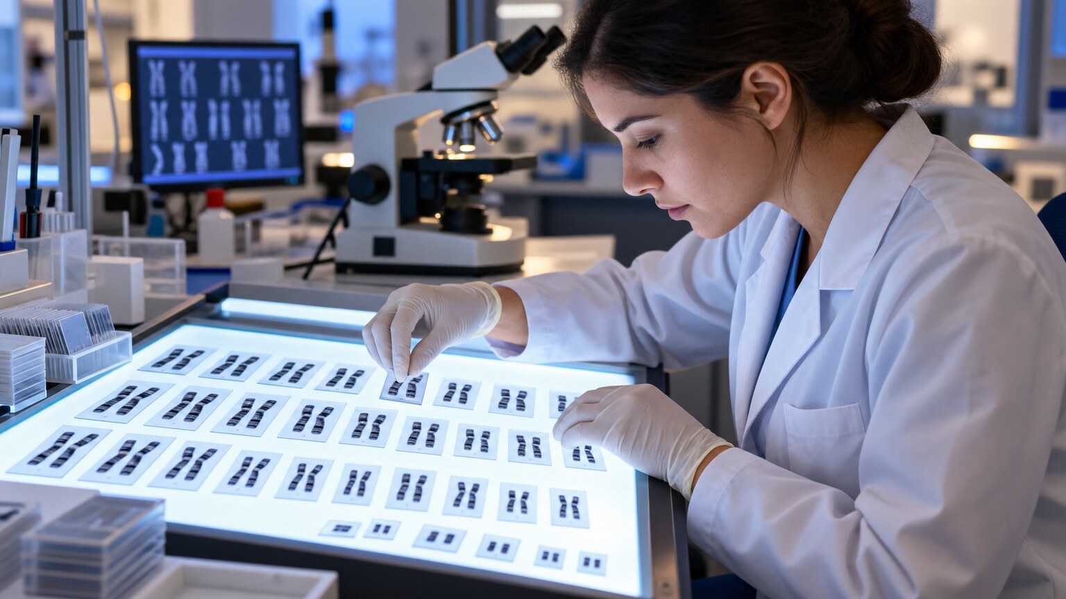 Laboratory technician arranging chromosome images into a karyotype for translocation analysis