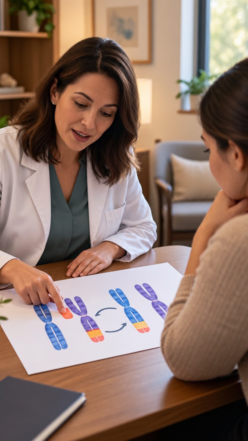 Genetic counselor pointing to a specific chromosome breakpoint on a printed karyotype during a consultation