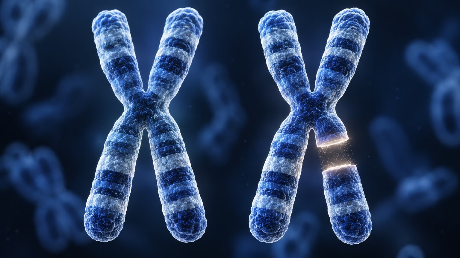 Side-by-side comparison of a normal chromosome pair against a pair with one chromosome missing a visible segment