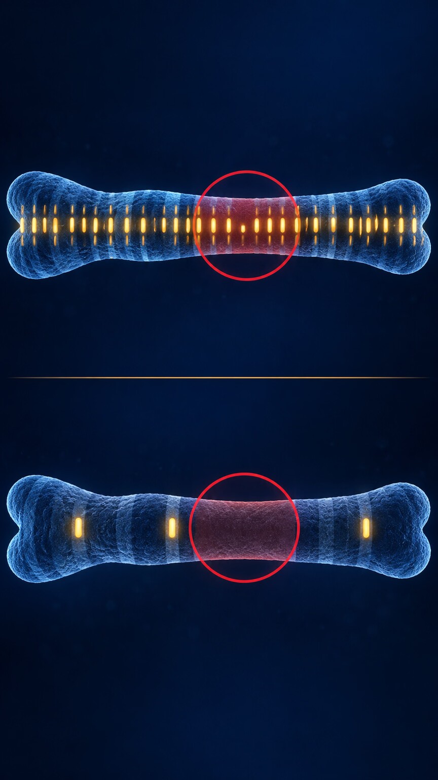 Illustration comparing a gene-dense chromosome region packed with genes against a gene-sparse region with mostly empty stretches of DNA
