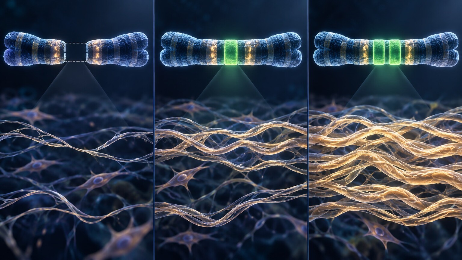 Illustration of the same chromosome 7 gene region shown with a deletion producing one set of tissue effects and a duplication producing a contrasting set of effects