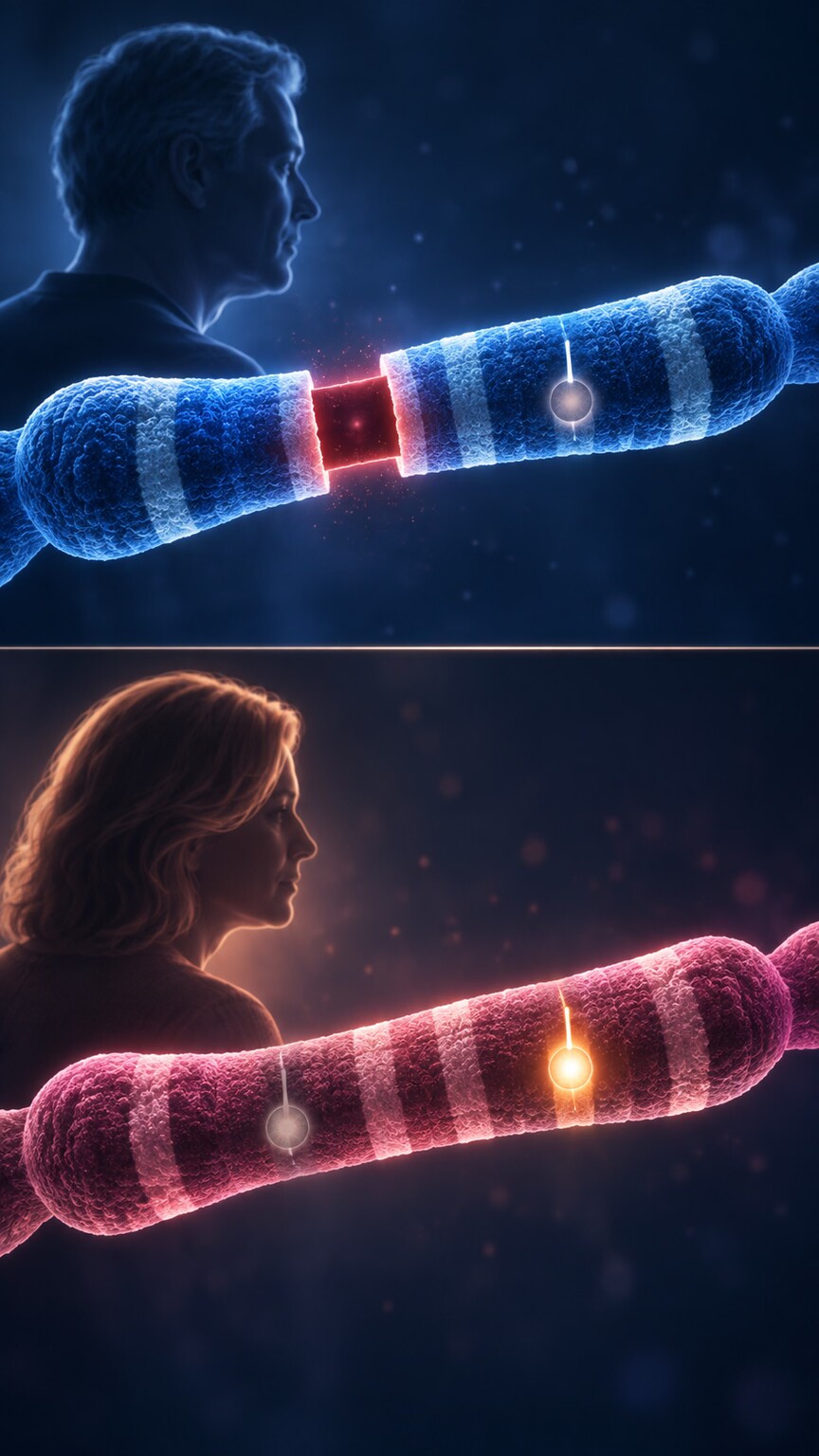 Diagram showing the same chromosome 15 deletion producing different conditions depending on whether it was inherited from the mother or the father