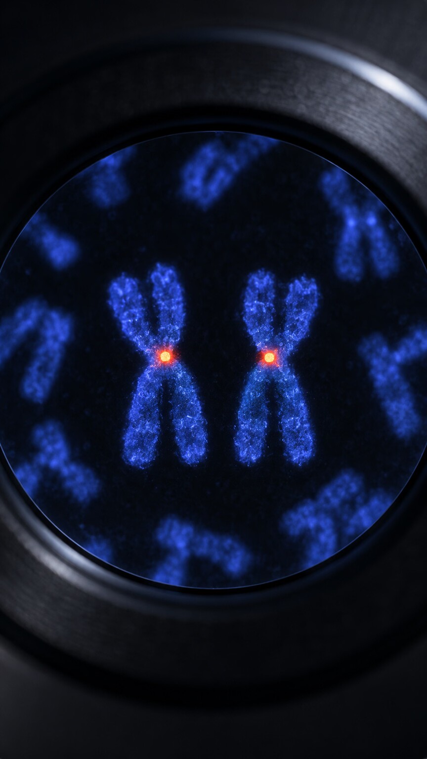 Illustration of a fluorescent DNA probe binding to and lighting up a specific matching chromosome region under a microscope