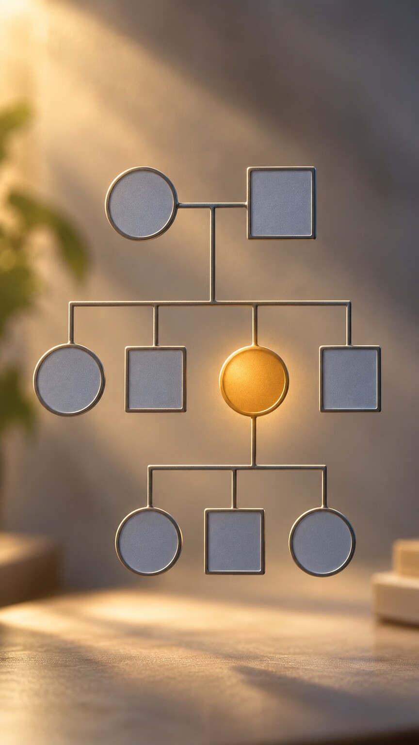Illustration of a family pedigree tree diagram used during genetic counseling to trace how a chromosomal finding was inherited across generations
